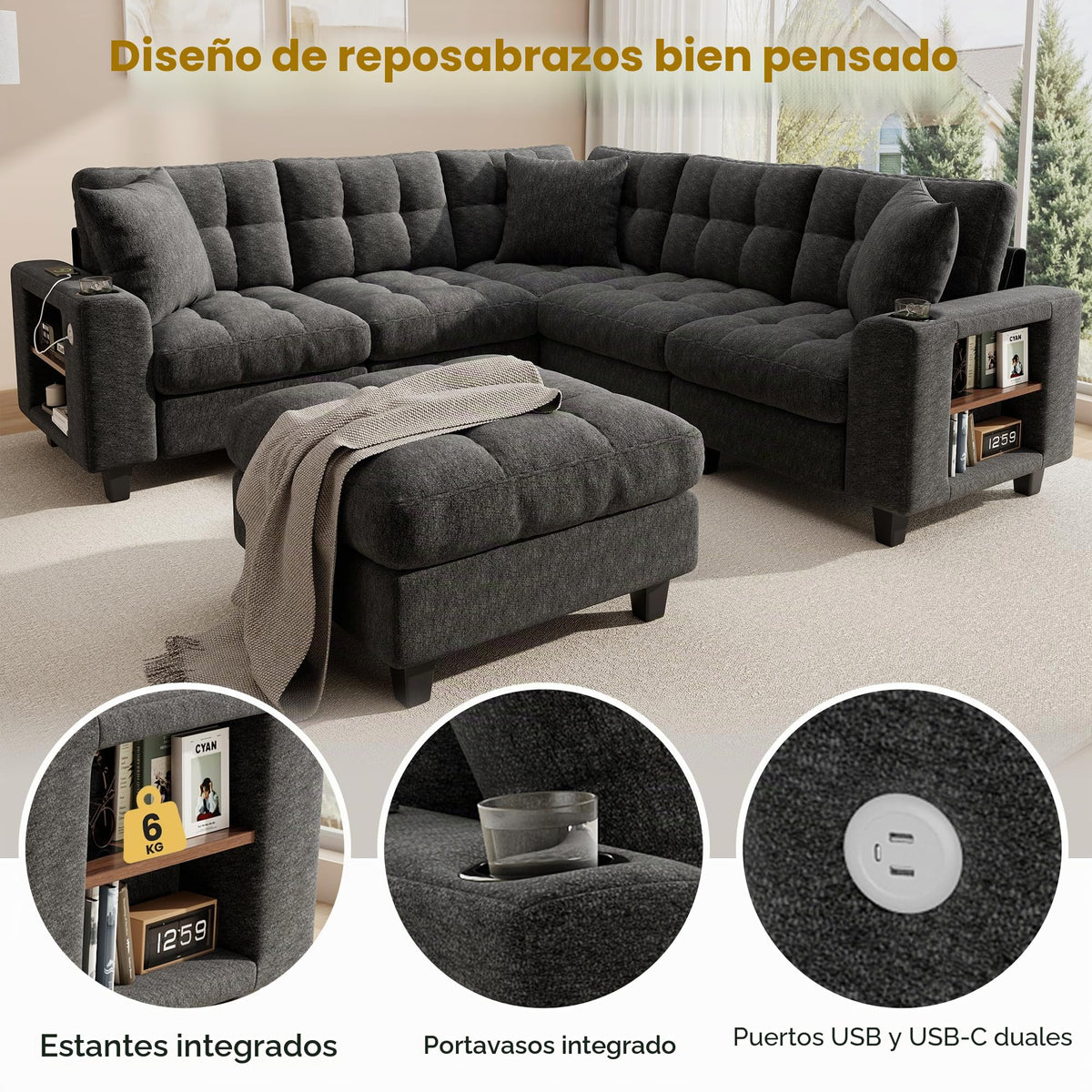 Sapgaks Sofá modular moderno de 6 plazas, con USB y portavasos, sofá de esquina modular muy grande en forma de U/L, con reposapiés extraíble y apoyabrazos con estantería, tela de chenilla, beige