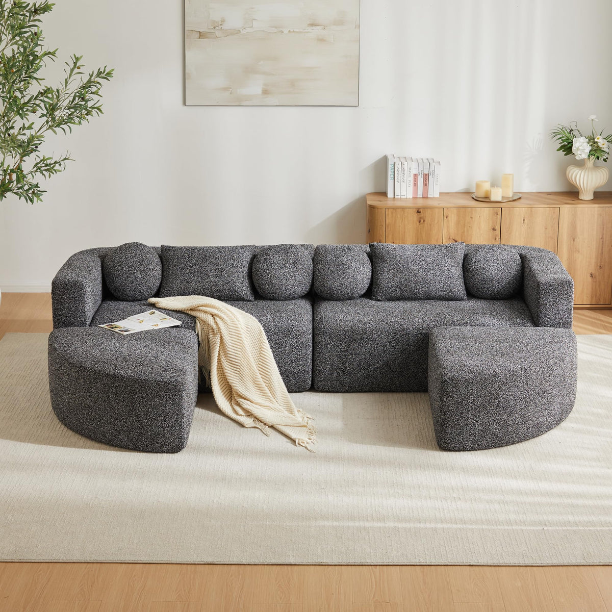 LAKFEW Sofa Cama con Cama Extensible y Taburete Almacenaje, Sofa Rinconera con USB, Lámpara de Lectura, Mesa Plegable con 2 Posavasos, 205x205x85 cm, Gris