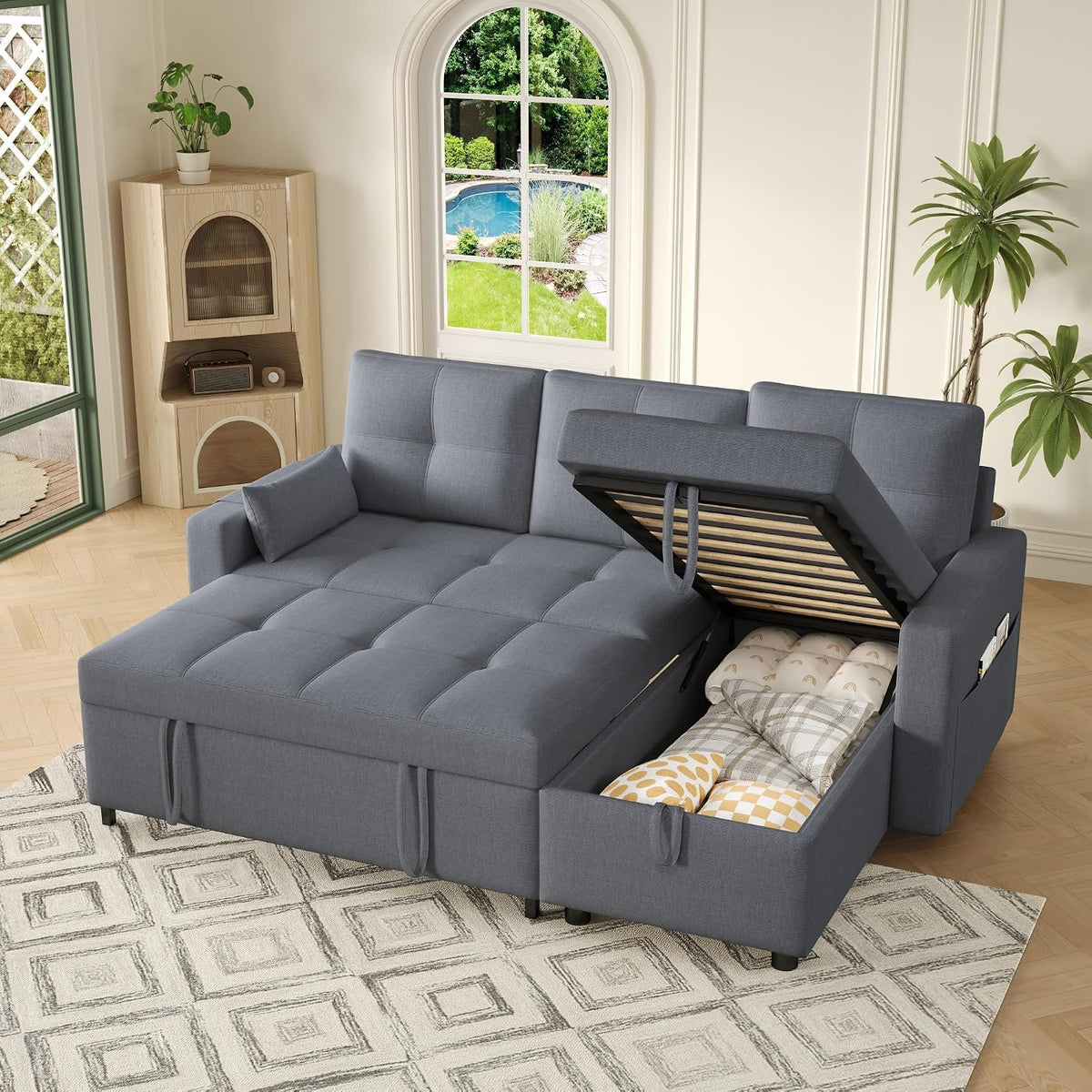 Bladez Sofá cama extensible en forma de L de lino con espacio de almacenamiento, soporte para bebidas, sofá modular de 3 plazas para salón (gris)