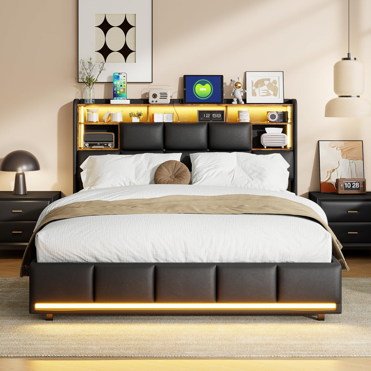 Cama tapizada de 160 x 200 cm, cama doble LED con espacio de almacenamiento, cabecero y función de carga USB C, cama de almacenamiento hidráulico, respaldo con somier de láminas de madera
