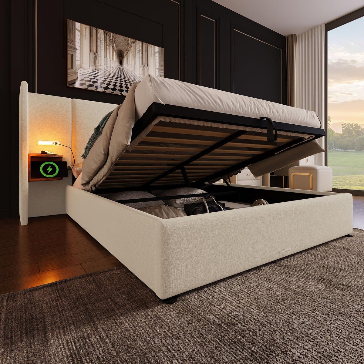 Camas Matrimoniales 160x200 con Cabecero Extendido y Espacio de Almacenaje Hidráulica, Cama Matrimonio con Lámpara de Lectura, Cama Doble con Puerto USB y Tipo C, Lino, Gris, Sin Colchón