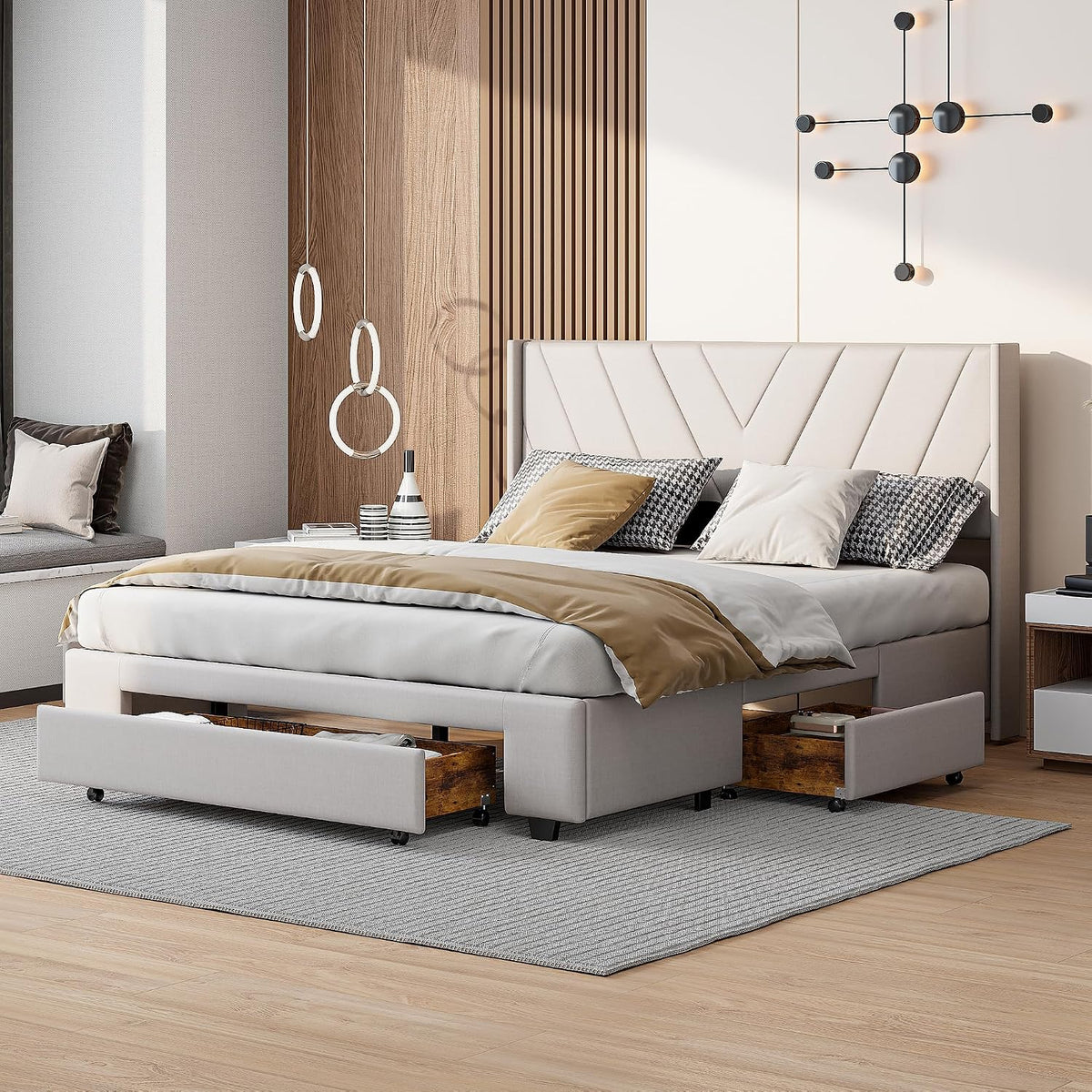 BRILVERDE Cama de matrimonio 160x200 cm, cama tapizada con 3 cajones, cama con cabecera y somier de láminas, sin colchón, lino (Beige(59), 160x200 cm)