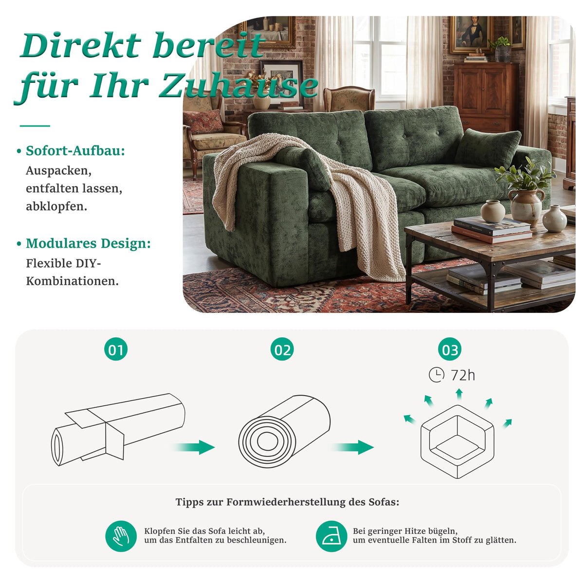 Sofá modular de 3 plazas con función de dormir, asiento extra profundo, felpilla para el hogar, sofá sin marco, sofá cama flexible para salón, verde