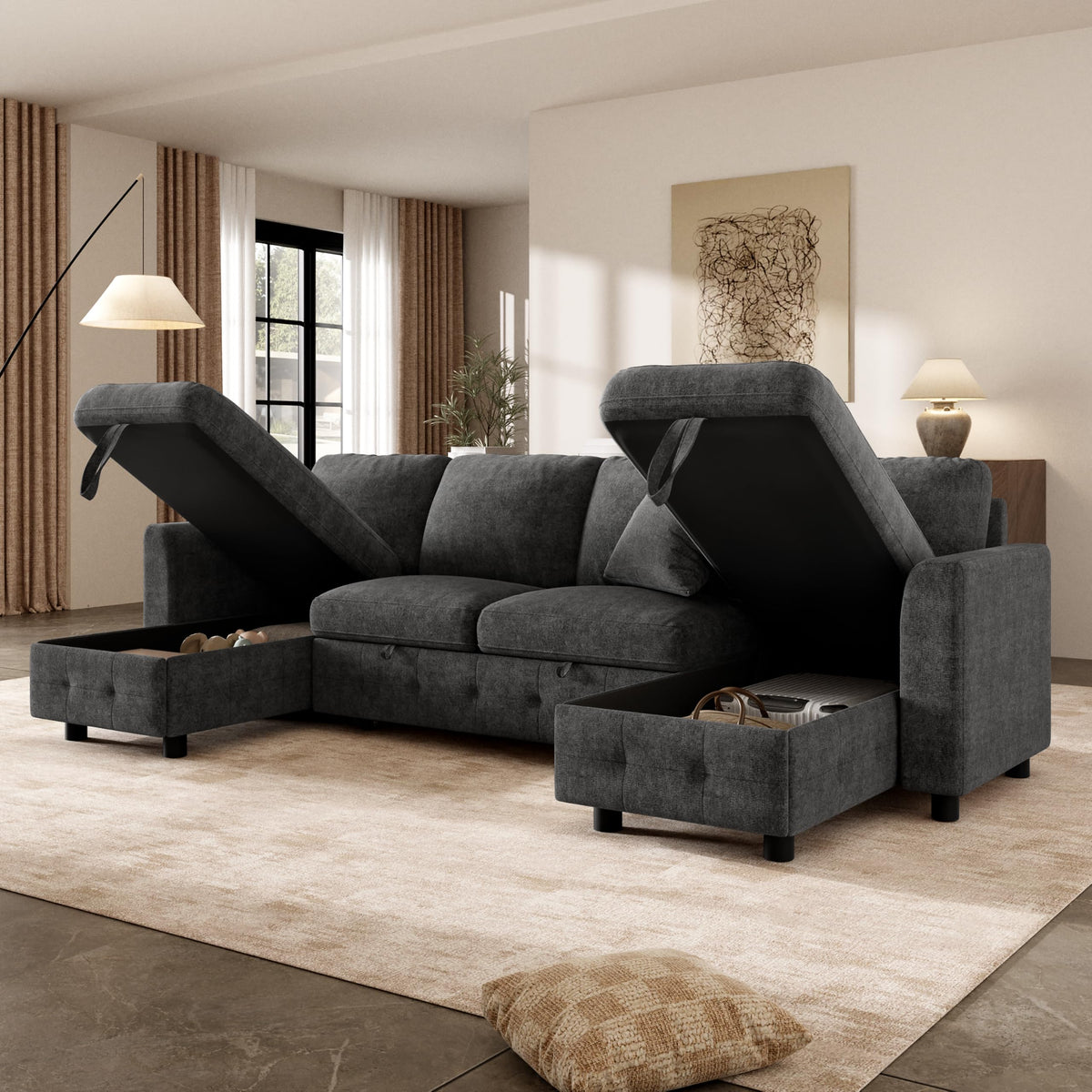 LAKFEW Sofa Cama con Cama Extensible y Taburete Almacenaje, Sofa Rinconera con USB, Lámpara de Lectura, Mesa Plegable con 2 Posavasos, 205x205x85 cm, Gris