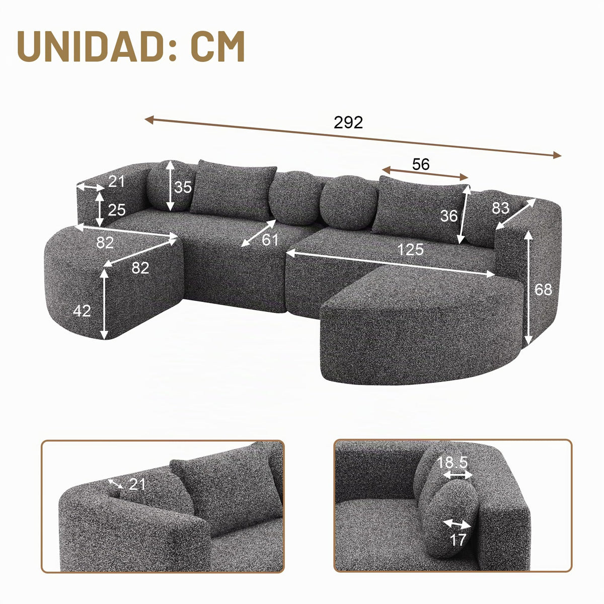 LAKFEW Sofa Cama con Cama Extensible y Taburete Almacenaje, Sofa Rinconera con USB, Lámpara de Lectura, Mesa Plegable con 2 Posavasos, 205x205x85 cm, Gris