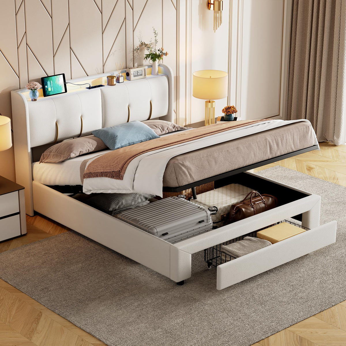 BRILVERDE Cama Tapizada 160x200 con Almacenamiento, Cama matrimonial con cajones, Cama Nido con LED, Cabecero Acolchado y Base de Láminas, Terciopelo (Beige, 160 x 200 cm)