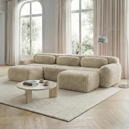 Sofá modular en forma de U, tela de felpa, sin montaje, base antideslizante, con cojín, soporte ergonómico, espuma de alta elasticidad, adecuado para sala de estar, dormitorio (caqui claro)
