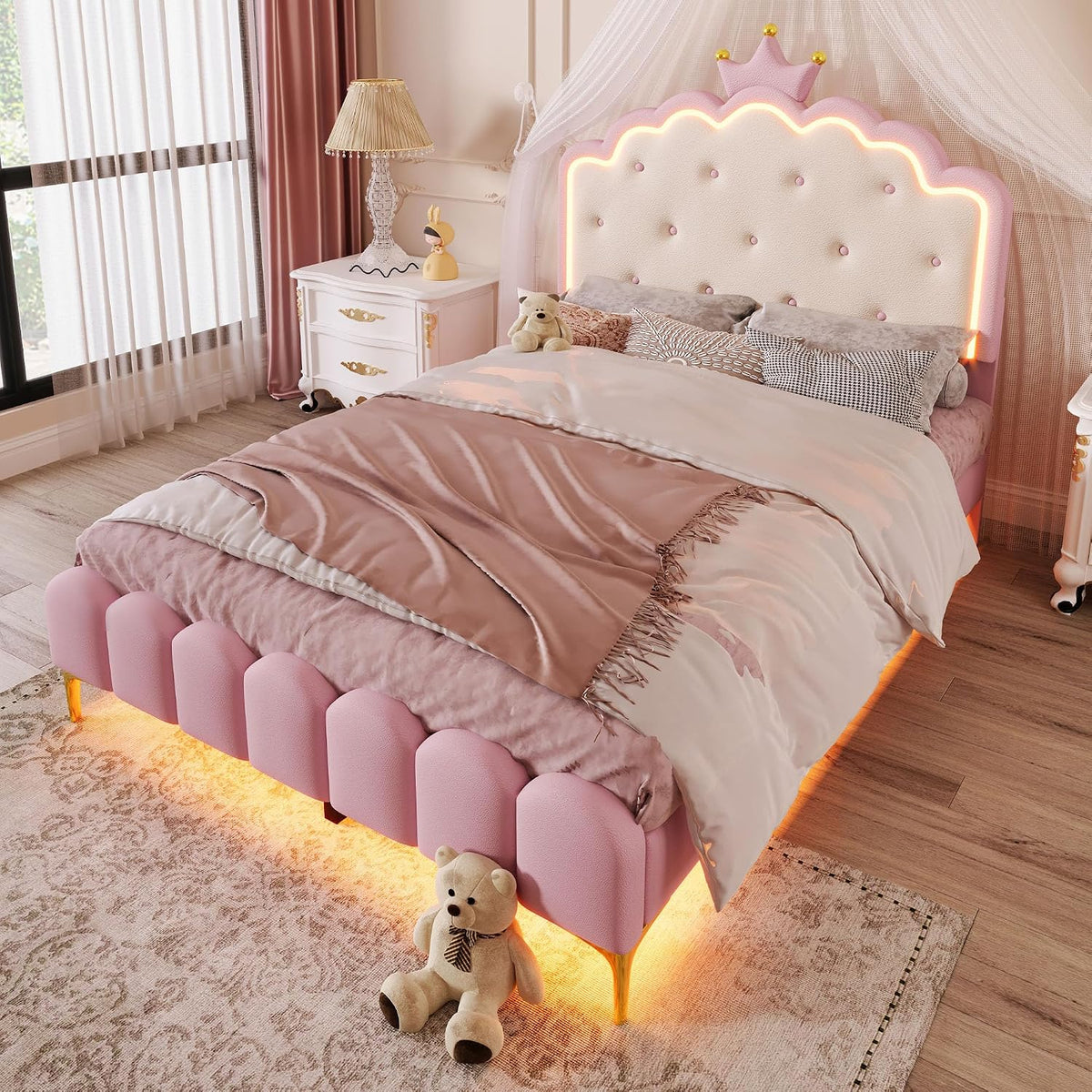 Kebnor Cama tapizada con somier, luz ambiental con mando a distancia, diseño de princesa heredera, material PU, color rosa (sin colchón) (140 x 200 cm)