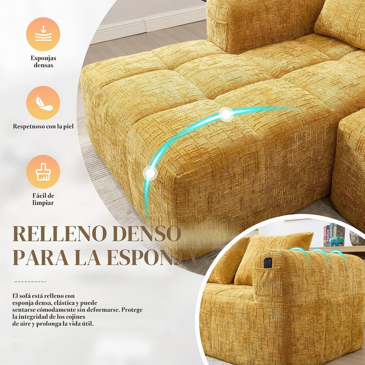 Soweiz Sofá L, seccional de 3 plazas, sofá con chaise longue y reposabrazos, 3 cojines, bolsillo lateral para mando a distancia, 250 x 158 x 60 cm