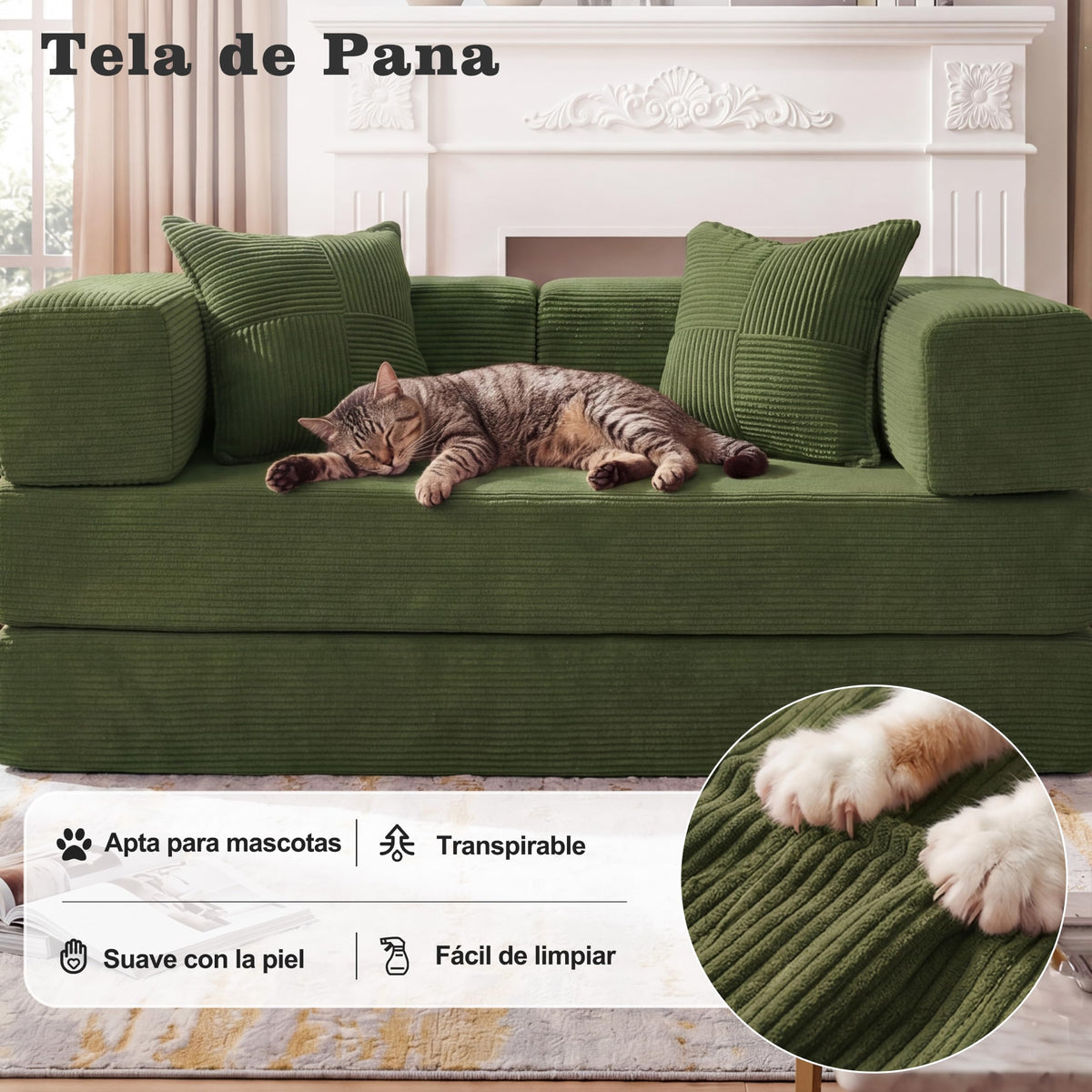 Vipbear Sofá Cama Pana 200×100×70 cm, sofá de Suelo transformable 5 en 1, Espuma de Alta Densidad, Apto para Mascotas y ergonómico, sin Montaje, Verde