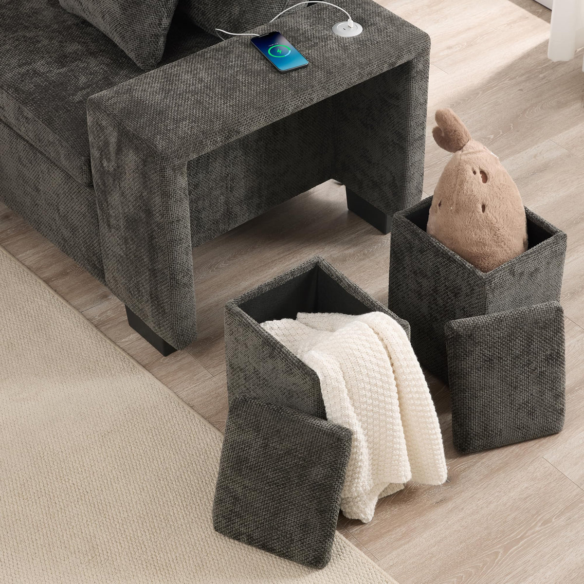 Sofá moderno de chenilla en forma de U con chaise longue, sofá esquinero de 4 plazas con espacio de almacenamiento, puerto USB y tipo C, modular, con soporte para bebidas y cojines suaves