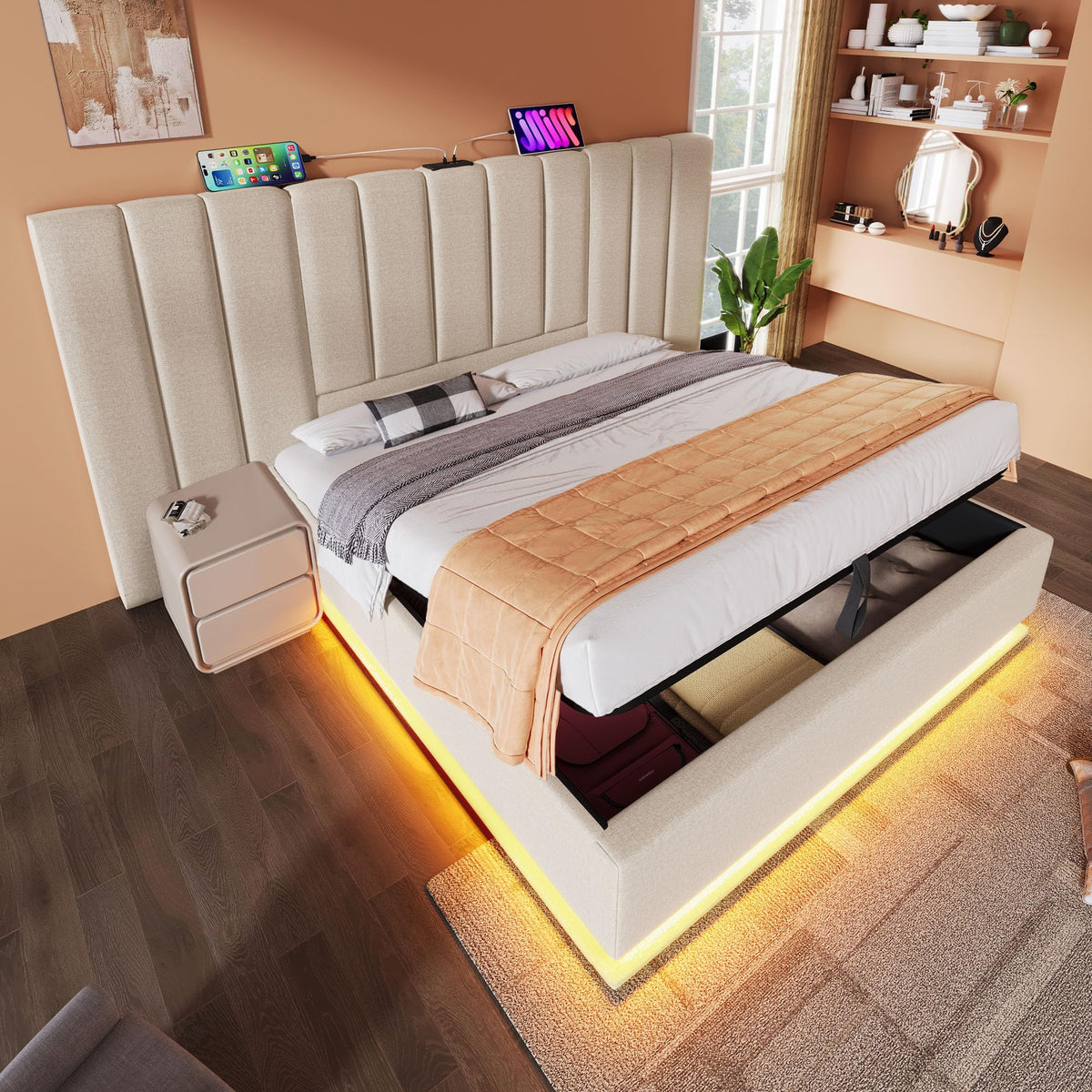 Cama tapizada 180×200cm, Cama Doble con canapé con LED y función de Carga USB-C, PU, sin colchón ni mesita de Noche (Blanco, 180 x 200 cm)