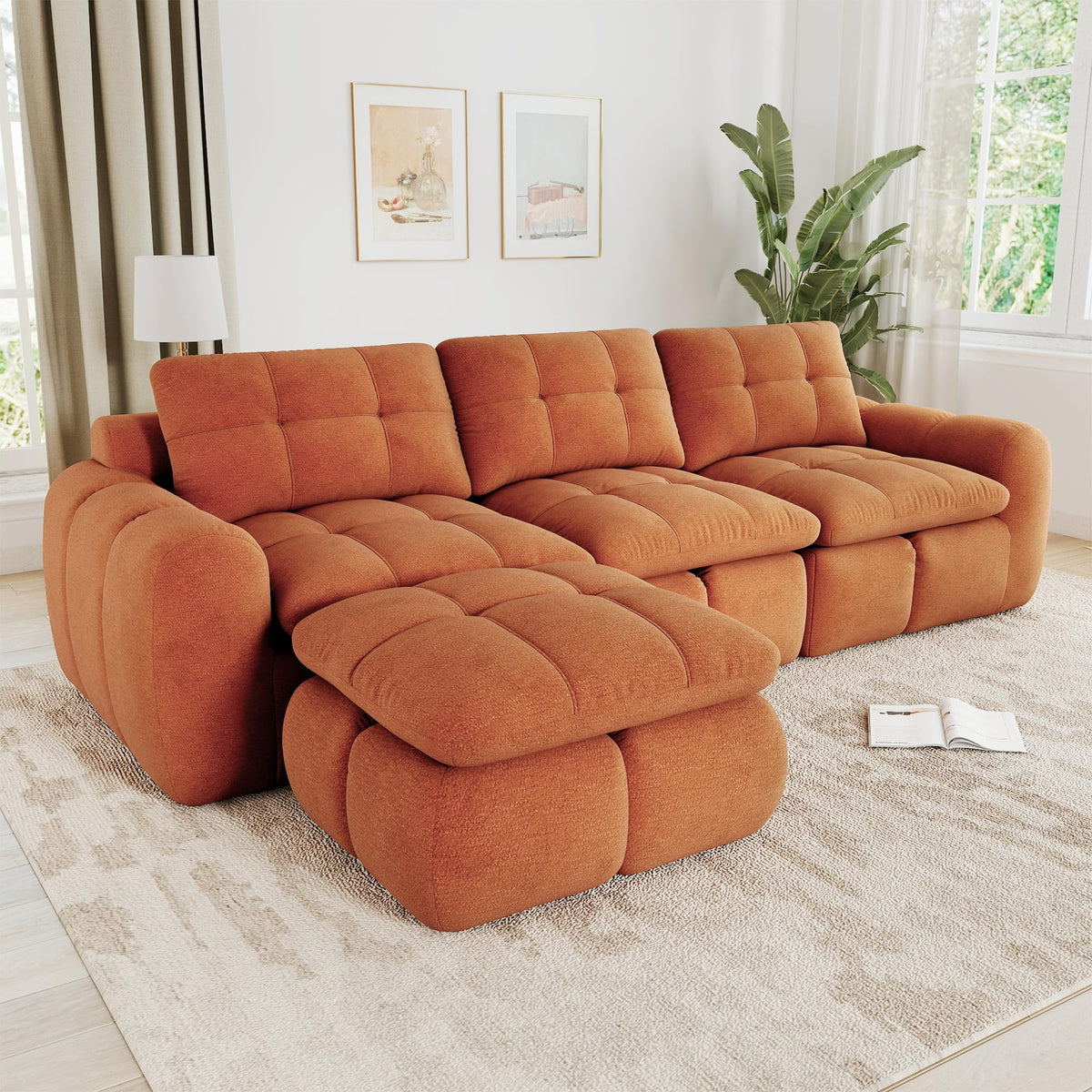 Sofá de 3 plazas con 1 taburete chenilla beige
