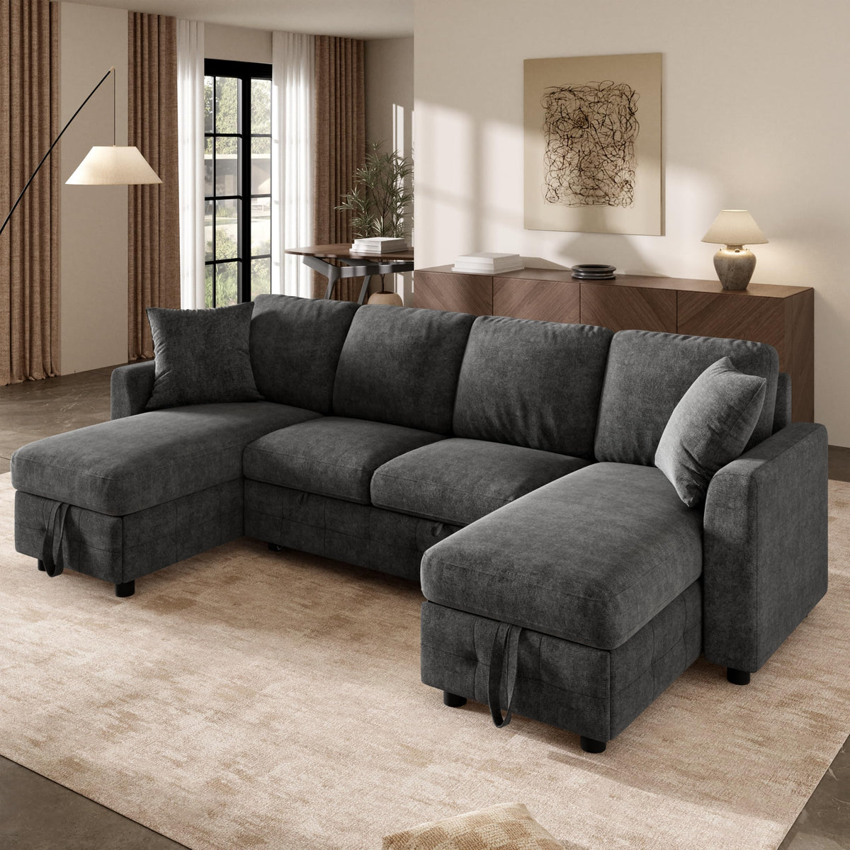 LAKFEW Sofa Cama con Cama Extensible y Taburete Almacenaje, Sofa Rinconera con USB, Lámpara de Lectura, Mesa Plegable con 2 Posavasos, 205x205x85 cm, Gris