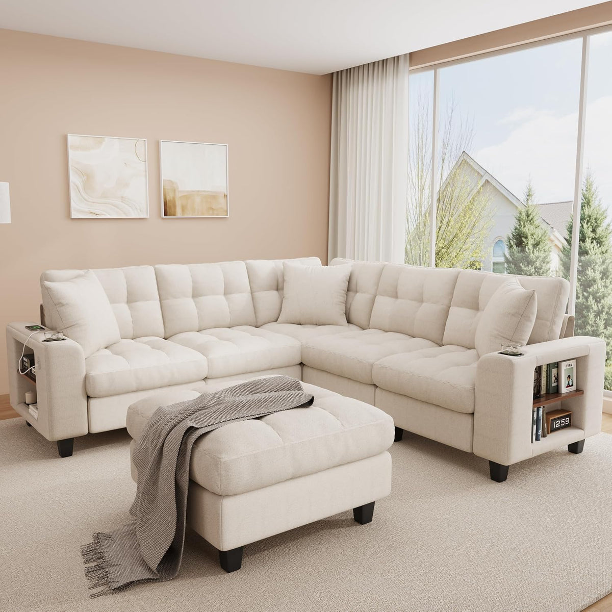 Sapgaks Sofá modular moderno de 6 plazas, con USB y portavasos, sofá de esquina modular muy grande en forma de U/L, con reposapiés extraíble y apoyabrazos con estantería, tela de chenilla, beige