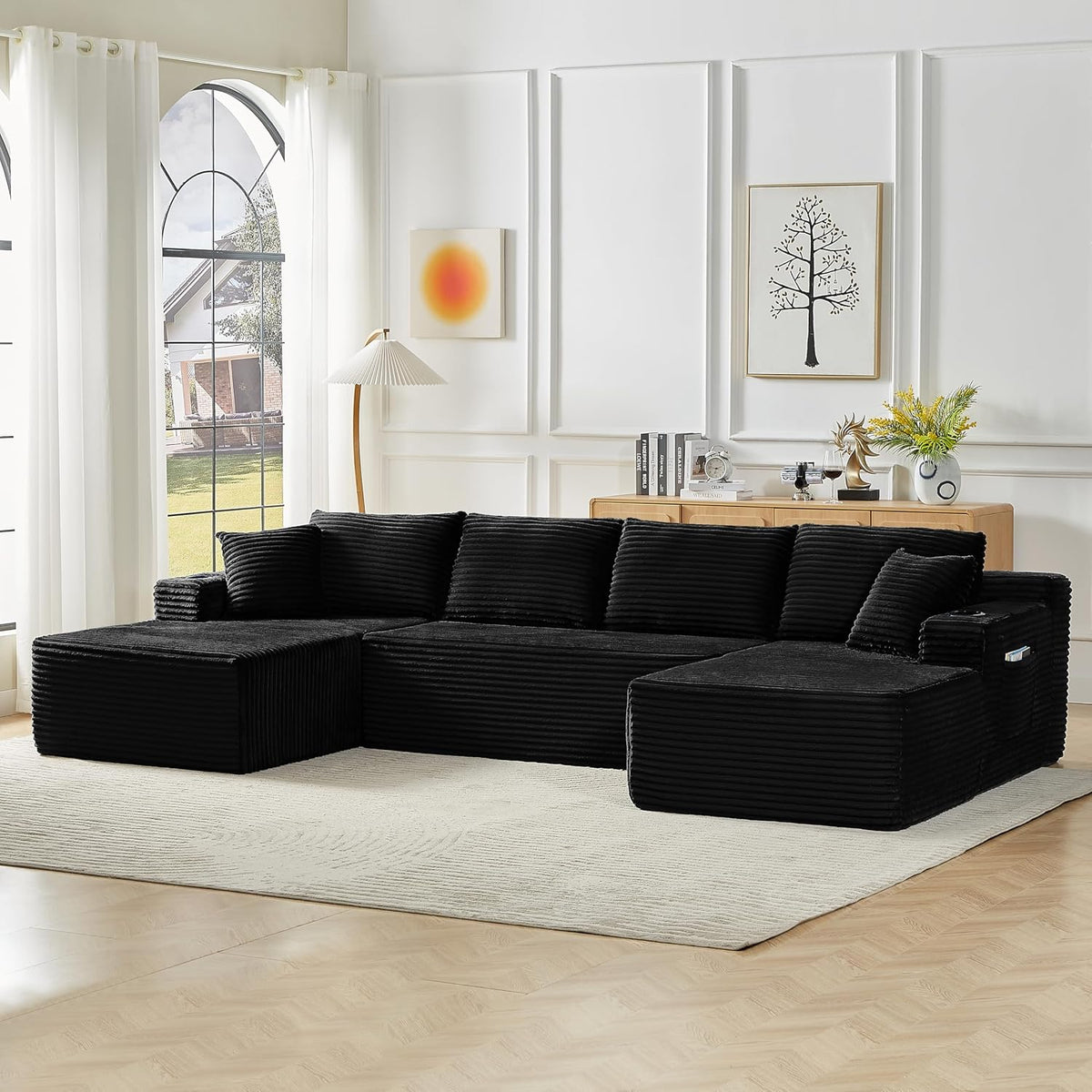 Bladez Sofá esquinero modular en forma de U de pana de 3 plazas gris con otomana