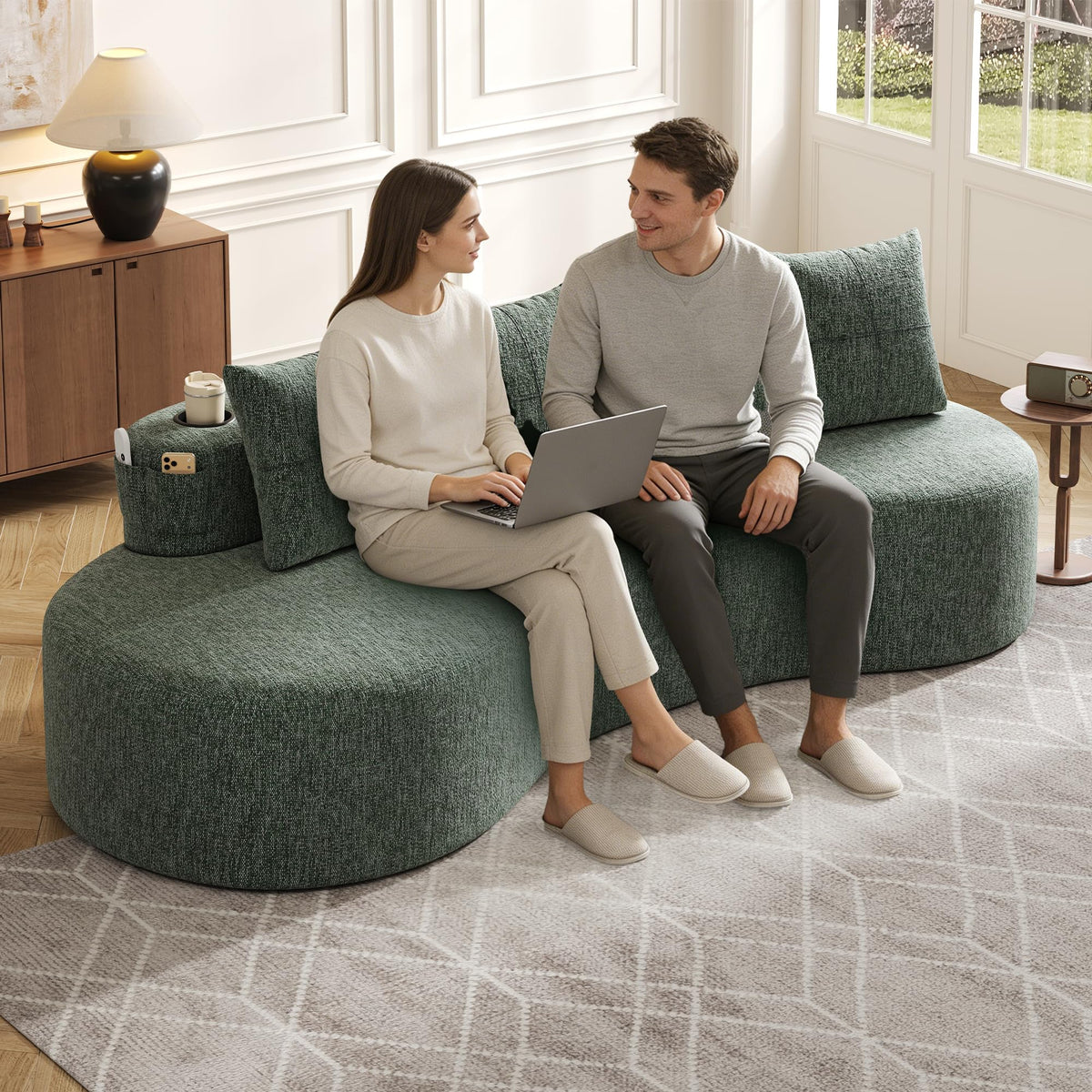 Bladez Sofá esquinero moderno curvado de 5 plazas, sofá modular de terciopelo, diseño curvado, cómodo sofá tapizado, cómodo sofá tapizado con cojines, adecuado para salón y apartamento, color blanco