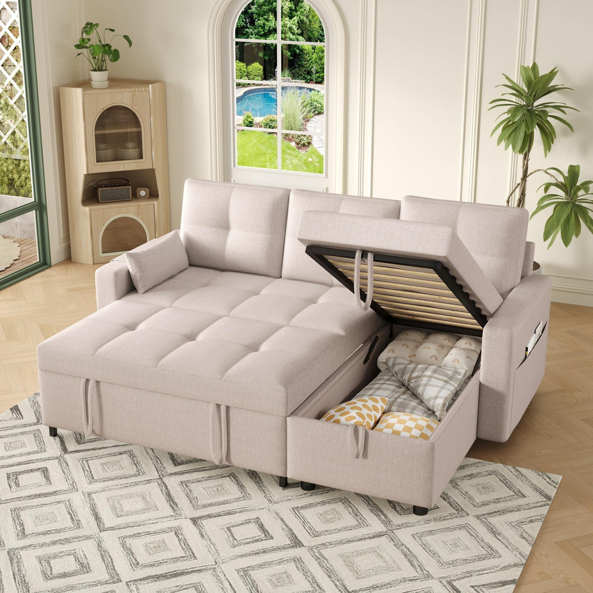 Bladez Sofá cama extensible en forma de L de lino con espacio de almacenamiento, soporte para bebidas, sofá modular de 3 plazas para salón (gris)