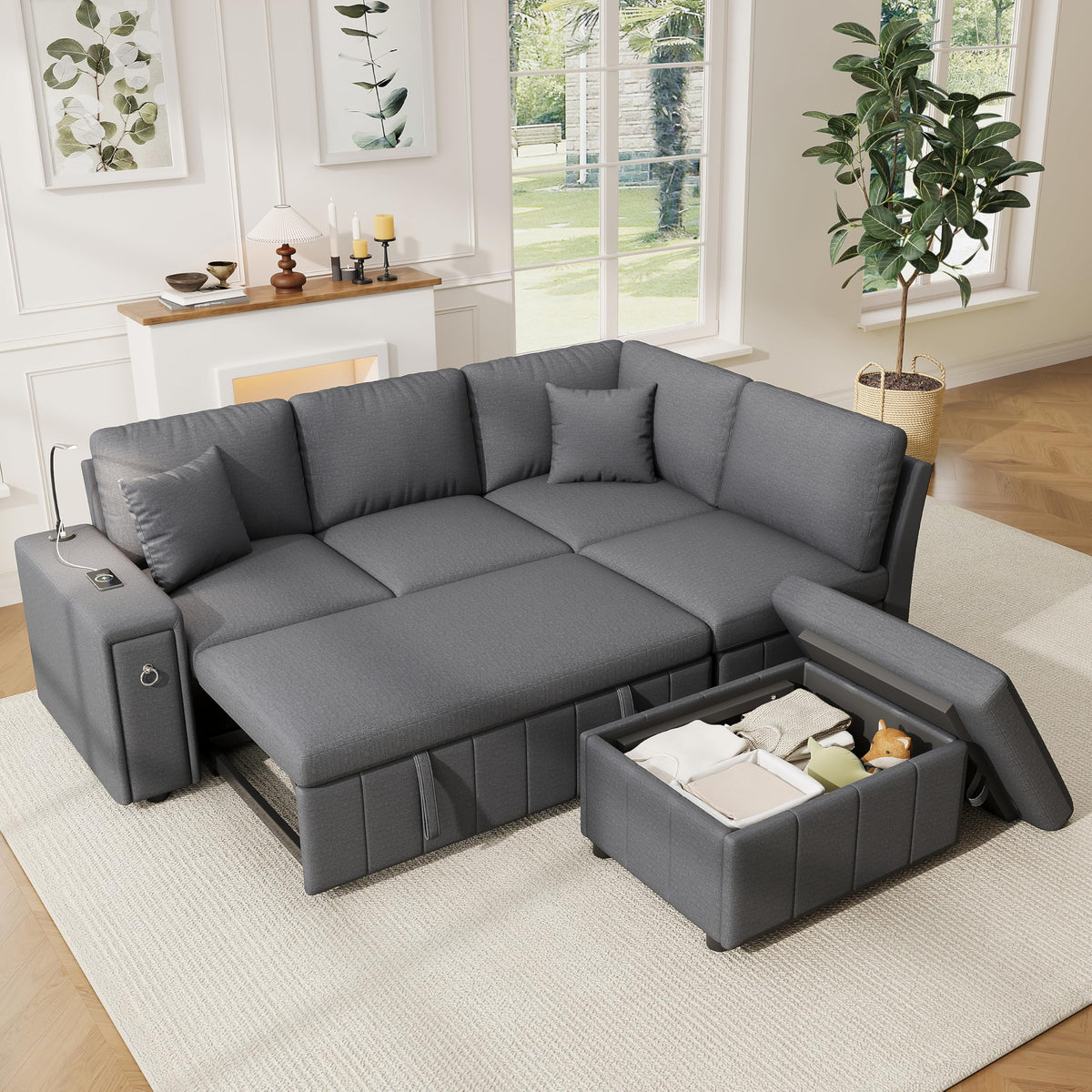 Sapgaks Sofá modular moderno de 6 plazas, con USB y portavasos, sofá de esquina modular muy grande en forma de U/L, con reposapiés extraíble y apoyabrazos con estantería, tela de chenilla, beige