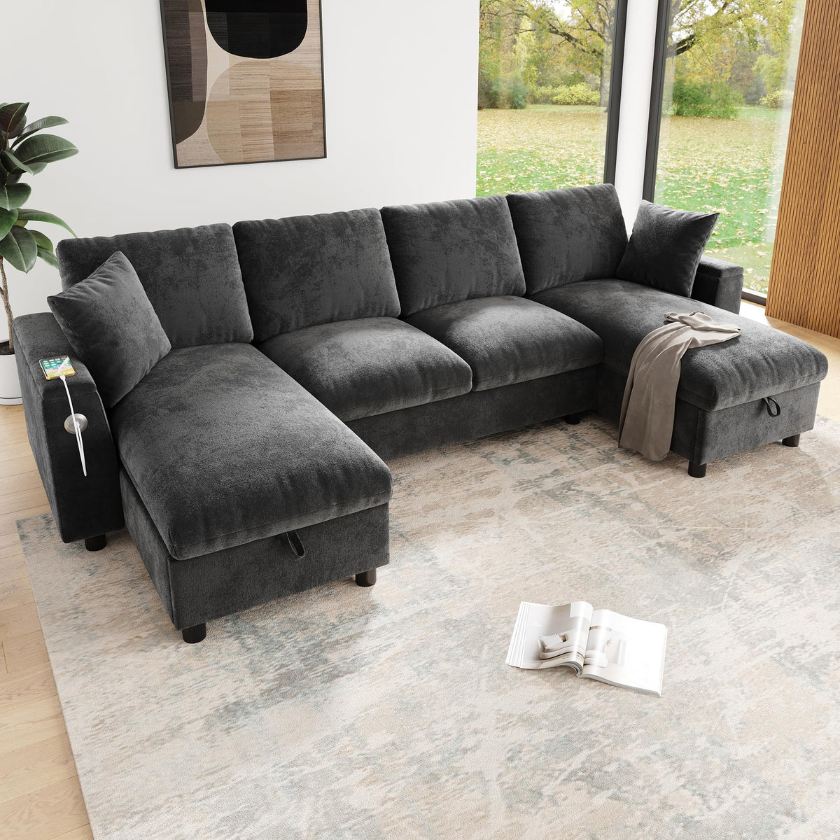 Sofá moderno de chenilla en forma de U con chaise longue, sofá esquinero de 4 plazas con espacio de almacenamiento, puerto USB y tipo C, modular, con soporte para bebidas y cojines suaves