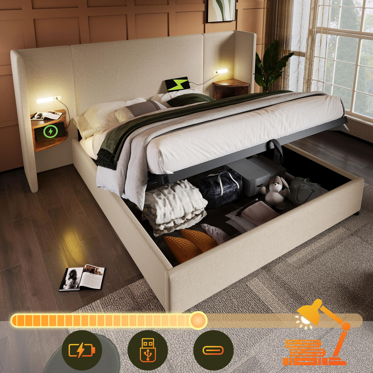 Camas Matrimoniales 160x200 con Cabecero Extendido y Espacio de Almacenaje Hidráulica, Cama Matrimonio con Lámpara de Lectura, Cama Doble con Puerto USB y Tipo C, Lino, Gris, Sin Colchón