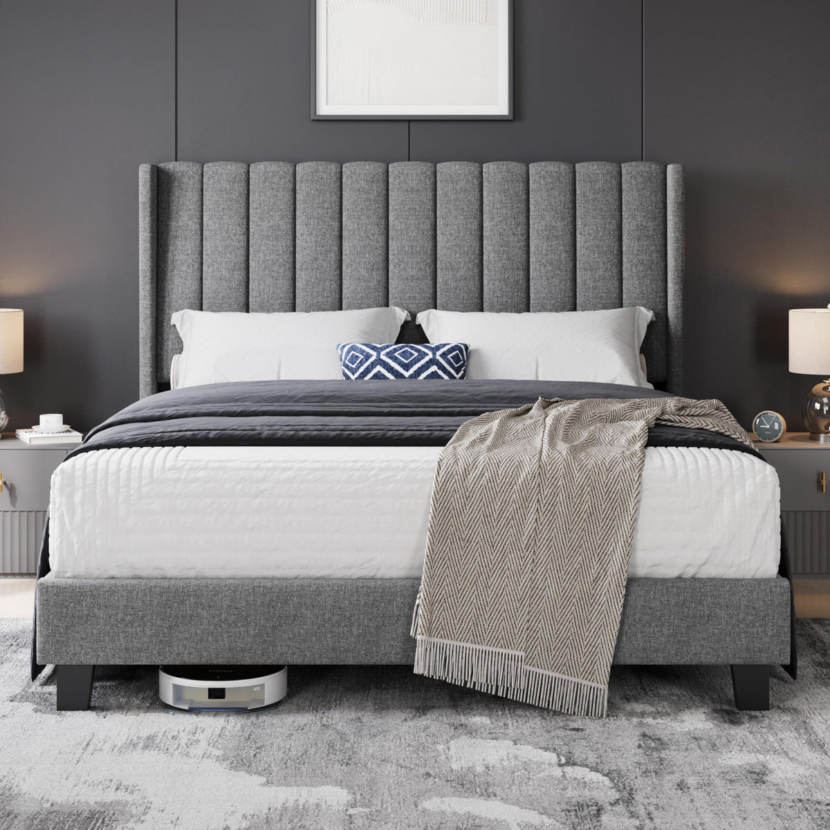 Yaheetech Cama Doble Tapizada 140 x 200cm con Somier de Lamas con Cabecero Rayado Moderno Estructura de Madera y Metal Marco de Cama para Adultos 2 Personas Beige