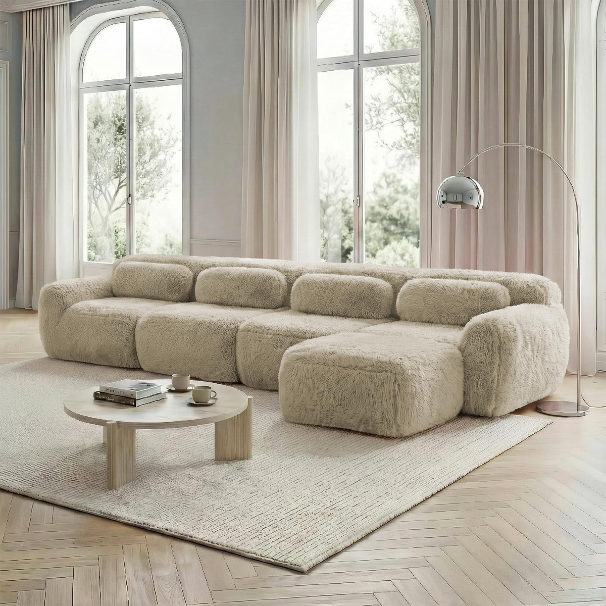 Sofá modular combinable en forma de L de 4 plazas, tejido de felpa con cojines, espuma de alta elasticidad, diseño chaise longue para salón o dormitorio (negro)