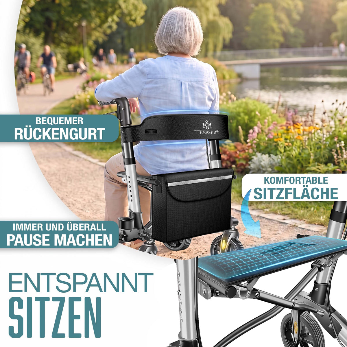 KESSER® Andador plegable con asiento y respaldo, 4 Ruedas/Frenos/Saco de Compra y Porta Bastón, Altura Ajustable 82-94cm, Andador, Carro, Rollator para Ancianos Gris