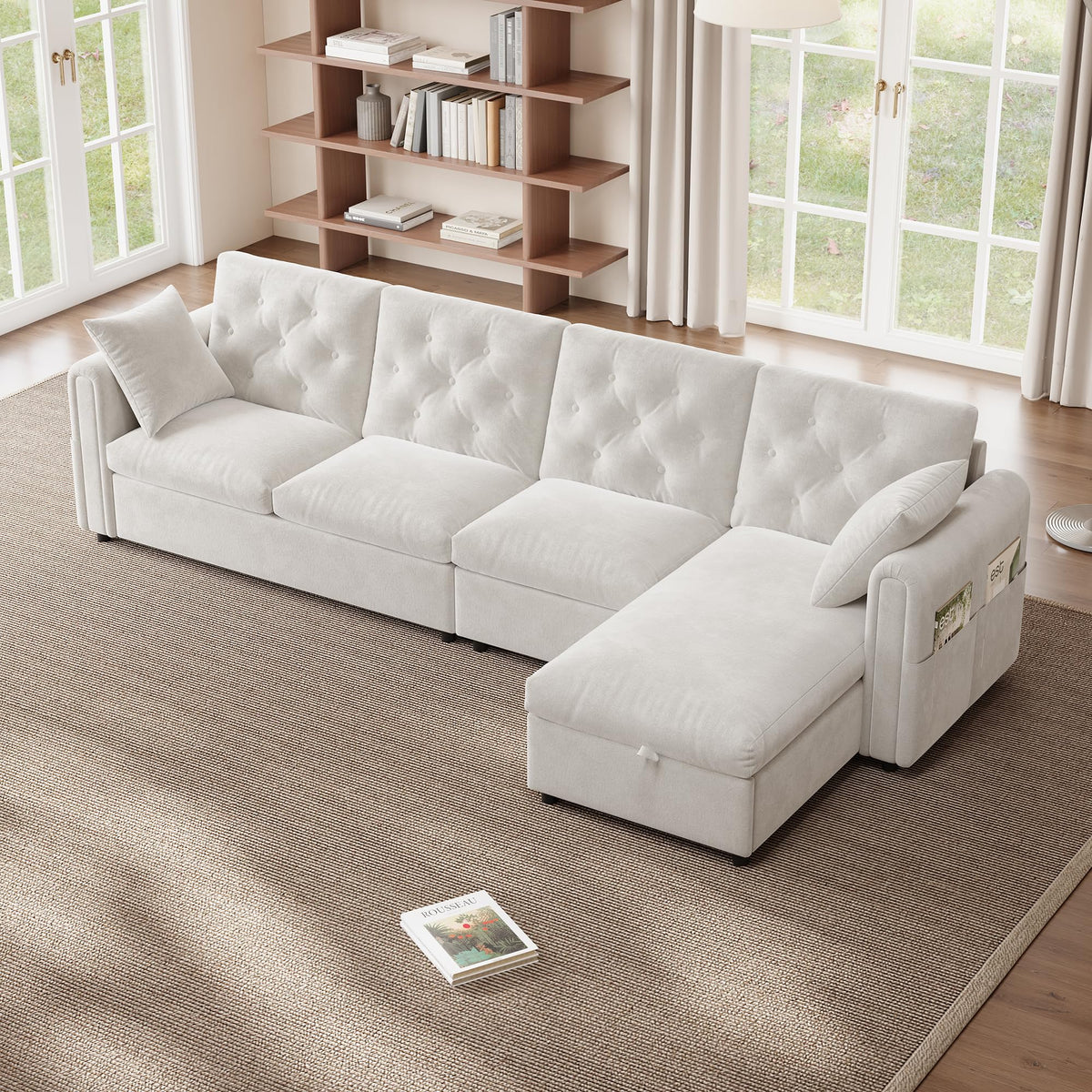 LAKFEW Sofa Cama con Cama Extensible y Taburete Almacenaje, Sofa Rinconera con USB, Lámpara de Lectura, Mesa Plegable con 2 Posavasos, 205x205x85 cm, Gris