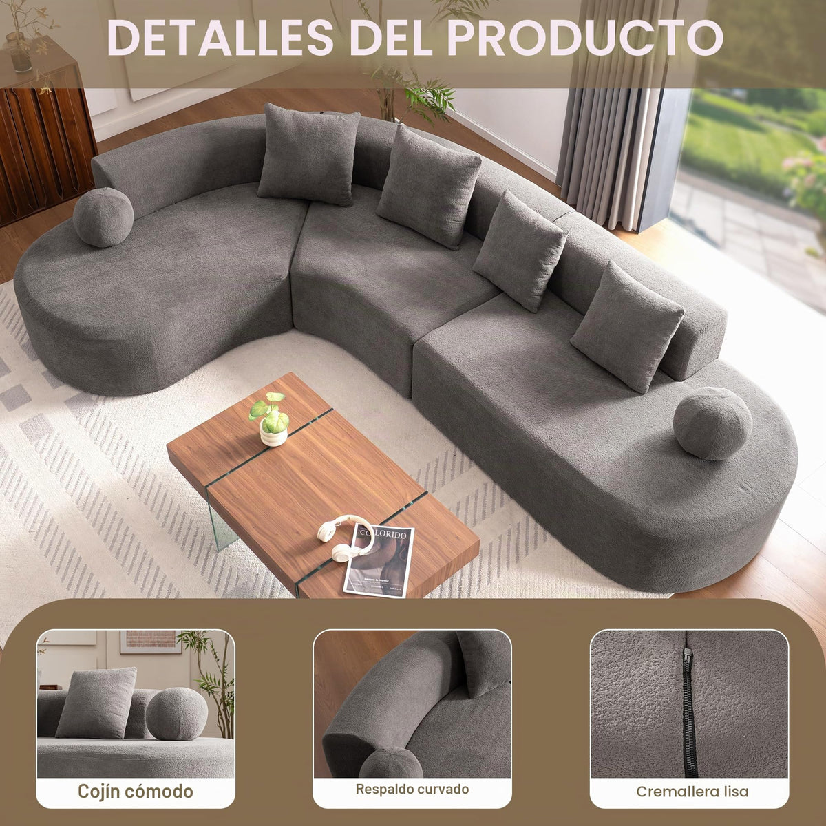 Bladez Sofá esquinero moderno curvado de 5 plazas, sofá modular de terciopelo, diseño curvado, cómodo sofá tapizado, cómodo sofá tapizado con cojines, adecuado para salón y apartamento, color blanco
