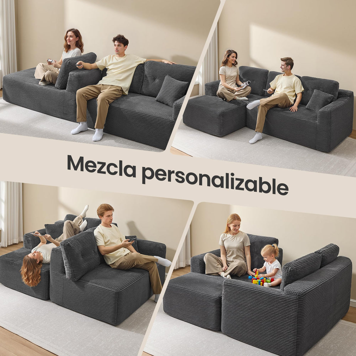 VASAGLE Sofá con Chaise Longue, Esquinero de Pana, Diseño Modular de 3 Plazas, 242 x 152 x 73 cm, Negro, para Salón, Colección Camila LCS183B101