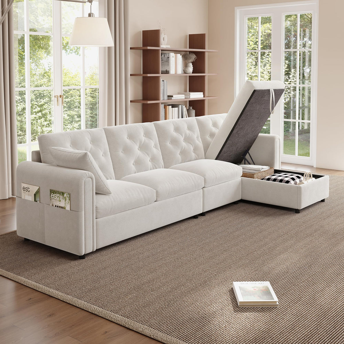 LAKFEW Sofa Cama con Cama Extensible y Taburete Almacenaje, Sofa Rinconera con USB, Lámpara de Lectura, Mesa Plegable con 2 Posavasos, 205x205x85 cm, Gris
