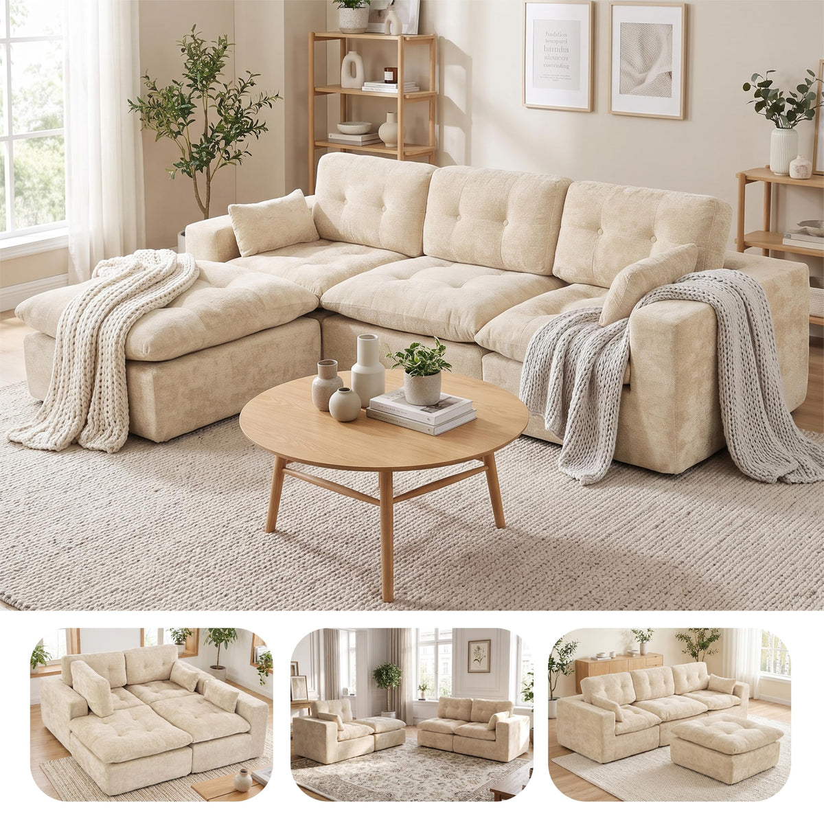 Sofá modular de 3 plazas con función de dormir, asiento extra profundo, felpilla para el hogar, sofá sin marco, sofá cama flexible para salón, verde