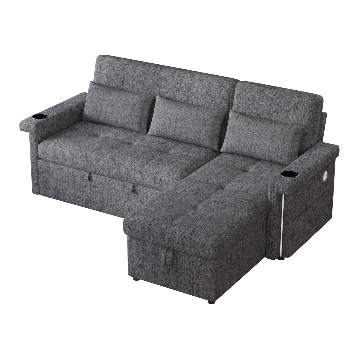 Bladez Sofá cama extensible en forma de L de lino con espacio de almacenamiento, soporte para bebidas, sofá modular de 3 plazas para salón (gris)