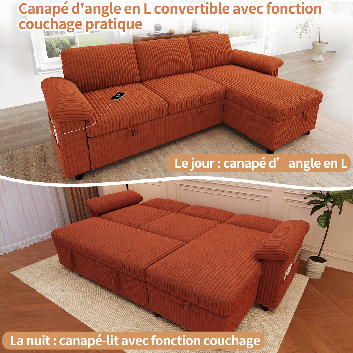 Sofá modular de 3 plazas con función cama extensible y USB/Type-C, sofá esquinero en forma de L con reposacabezas semifijos y compartimento de almacenamiento, sofás con chaise longue