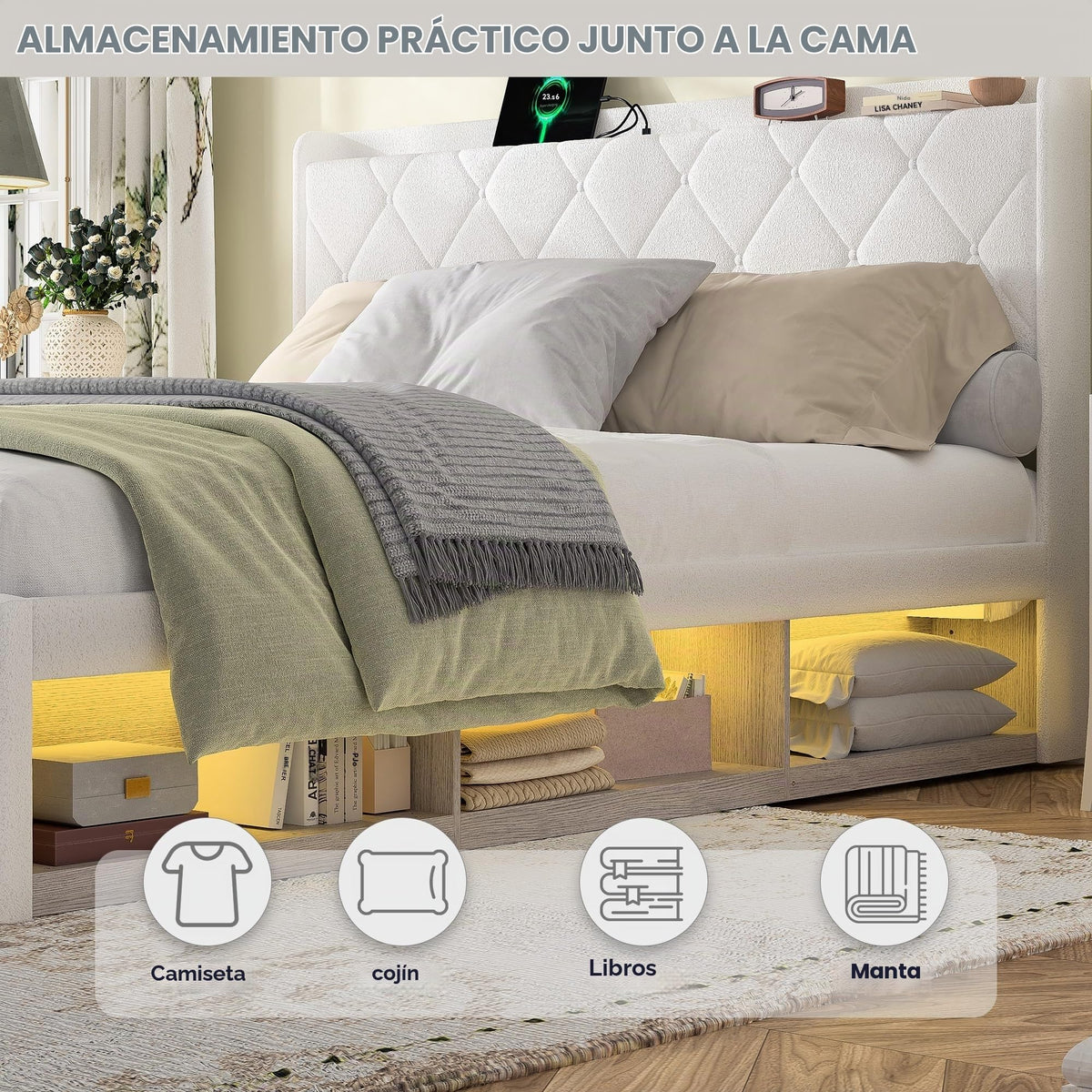 Cama tapizada de 160 x 200 cm con espacio de almacenamiento e iluminación LED, cama doble hidráulica con detalles dorados, cama de terciopelo de lujo con sincronización de música y
