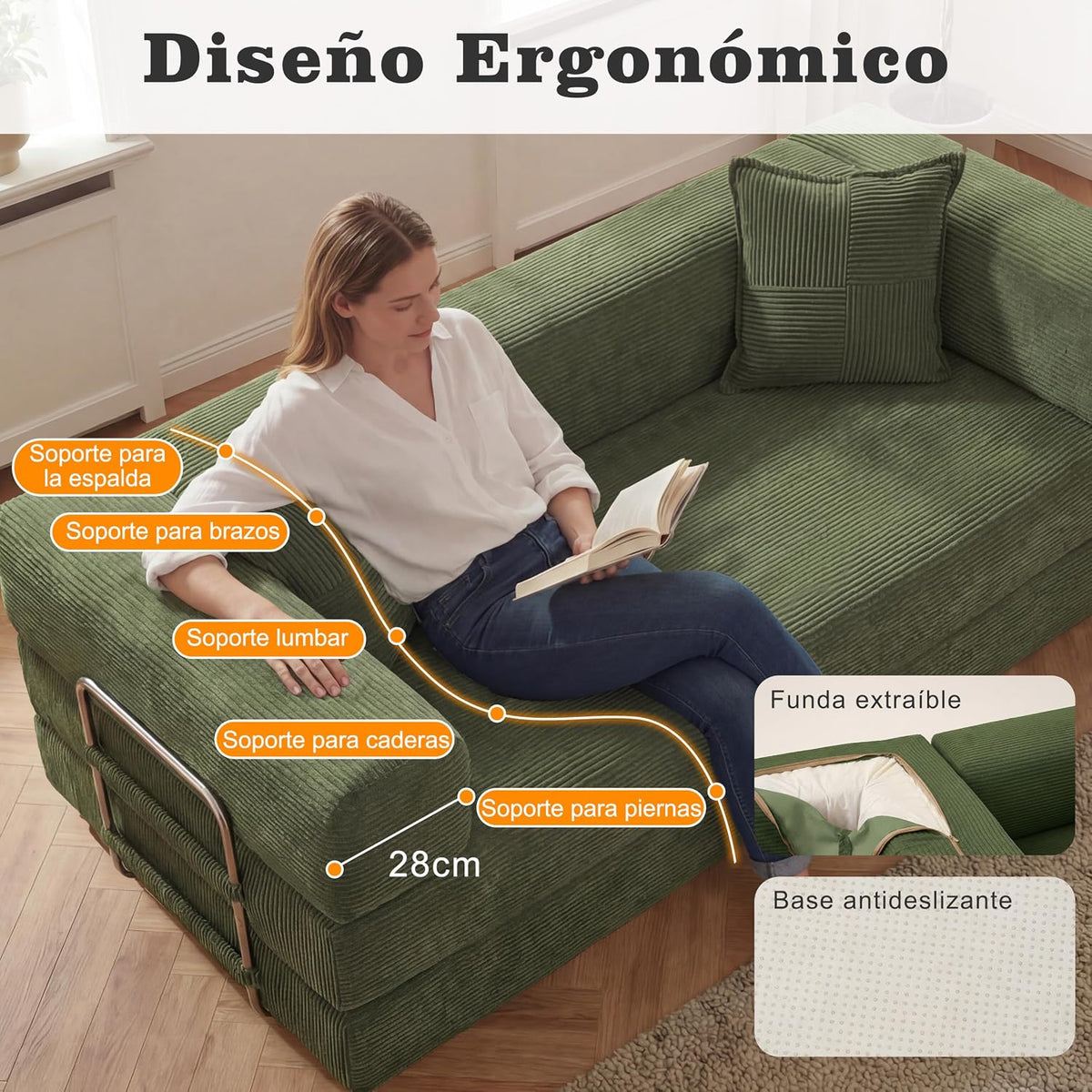 Vipbear Sofá Cama Pana 200×100×70 cm, sofá de Suelo transformable 5 en 1, Espuma de Alta Densidad, Apto para Mascotas y ergonómico, sin Montaje, Verde
