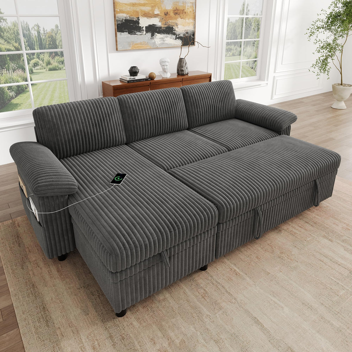 Sofá modular de 3 plazas con función cama extensible y USB/Type-C, sofá esquinero en forma de L con reposacabezas semifijos y compartimento de almacenamiento, sofás con chaise longue