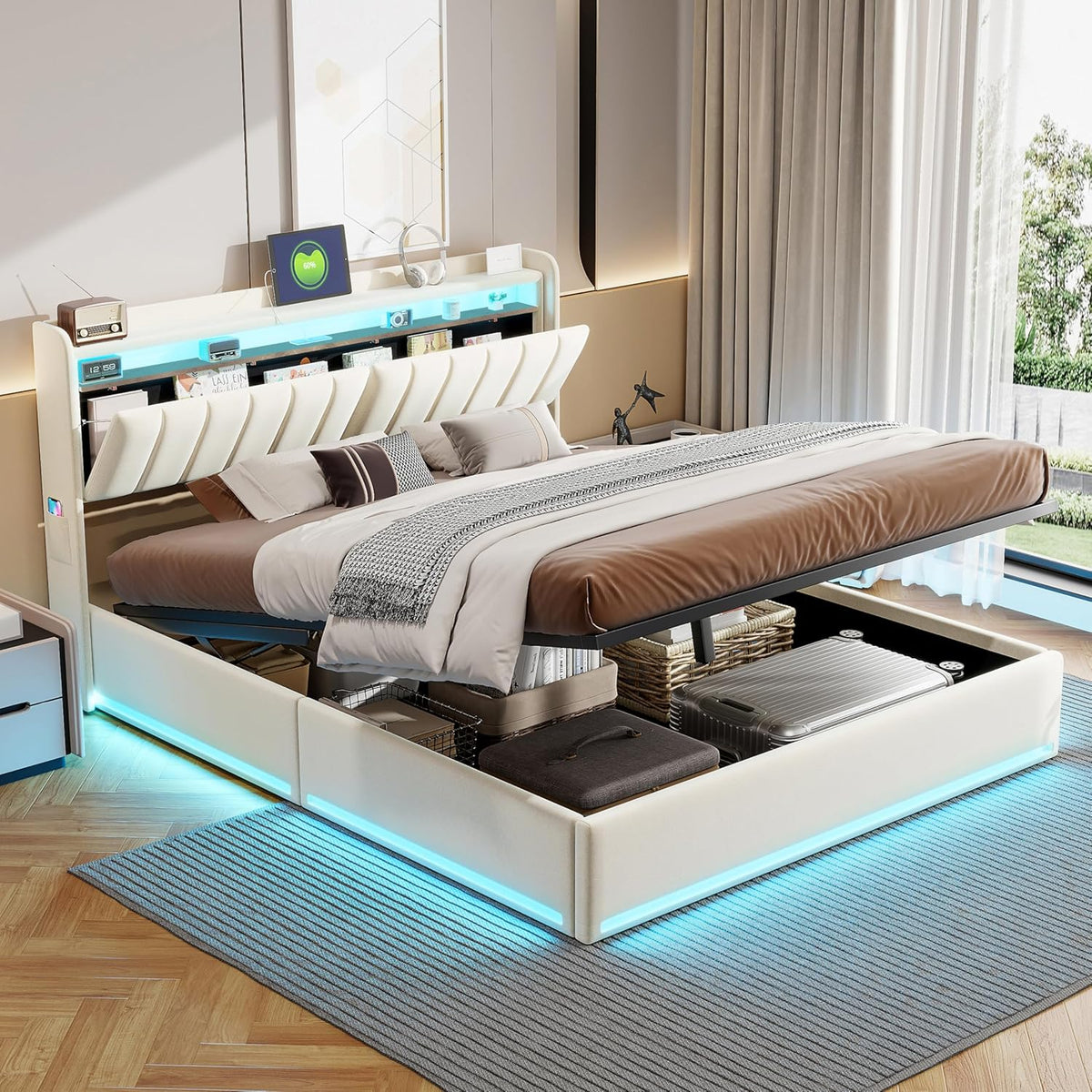 Cama tapizada de 160 x 200 cm, cama doble LED con espacio de almacenamiento, cabecero y función de carga USB C, cama de almacenamiento hidráulico, respaldo con somier de láminas de madera