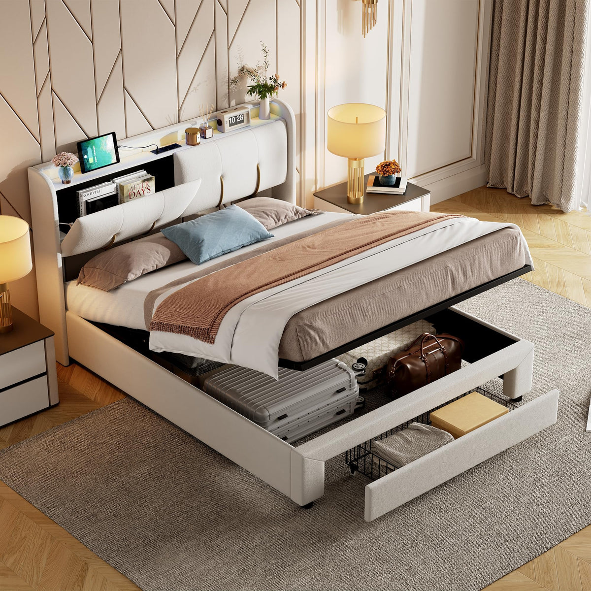 BRILVERDE Cama Tapizada 160x200 con Almacenamiento, Cama matrimonial con cajones, Cama Nido con LED, Cabecero Acolchado y Base de Láminas, Terciopelo (Beige, 160 x 200 cm)