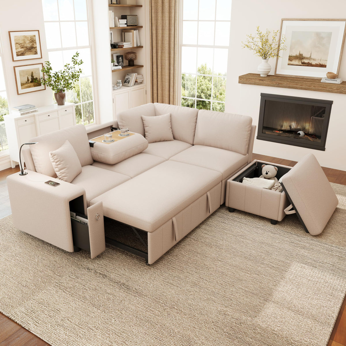 Sofá moderno de chenilla en forma de U con chaise longue, sofá esquinero de 4 plazas con espacio de almacenamiento, puerto USB y tipo C, modular, con soporte para bebidas y cojines suaves
