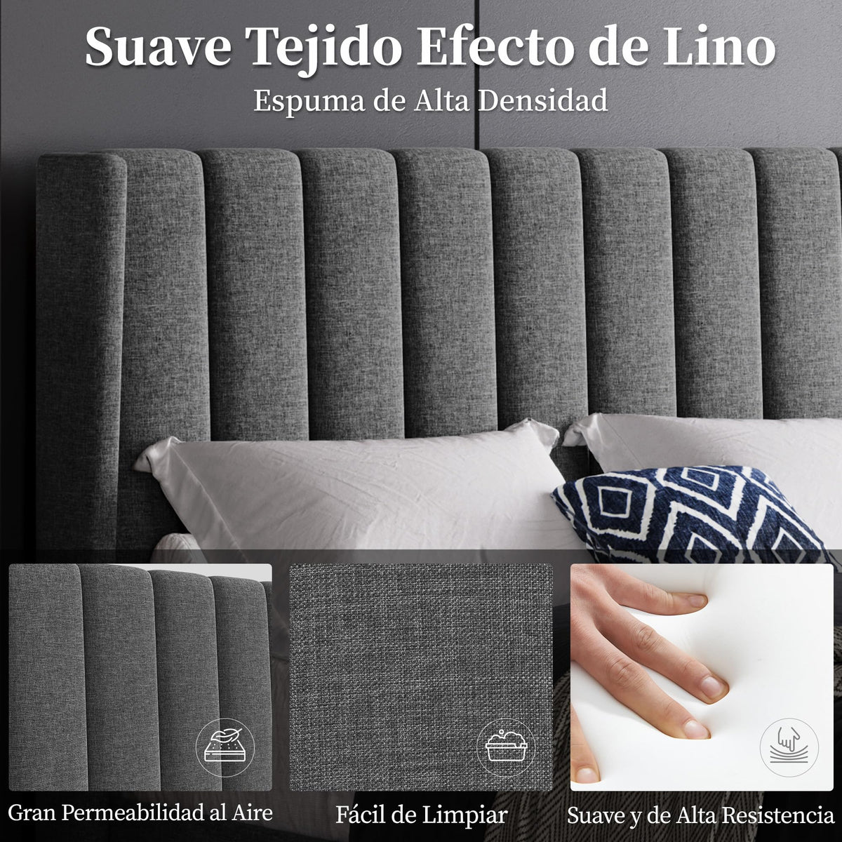 Yaheetech Cama Doble Tapizada 140 x 200cm con Somier de Lamas con Cabecero Rayado Moderno Estructura de Madera y Metal Marco de Cama para Adultos 2 Personas Beige
