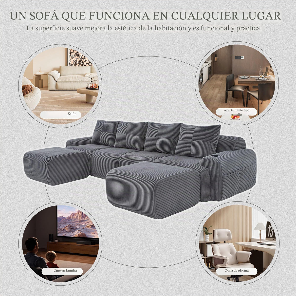 Sofá modular de 200 cm, sofá de 2 plazas con portabebidas y bolsillo de almacenamiento lateral, sofá comprimido de pana, sofá seccional para sala de estar y dormitorio