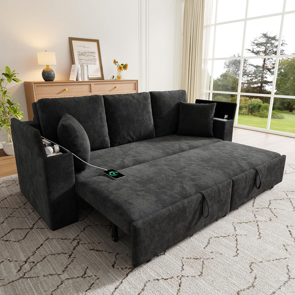 Sofá cama de 210 cm, multifuncional, 3 plazas, con función de dormir, sofá cama extensible, sofá con espacio de almacenamiento, reposabrazos y puerto de carga USB, para salón y dormitorio, color