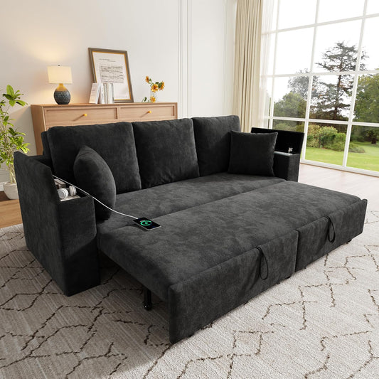 Sofá cama de 210 cm, multifuncional, 3 plazas, con función de dormir, sofá cama extensible, sofá con espacio de almacenamiento, reposabrazos y puerto de carga USB, para salón y dormitorio, color