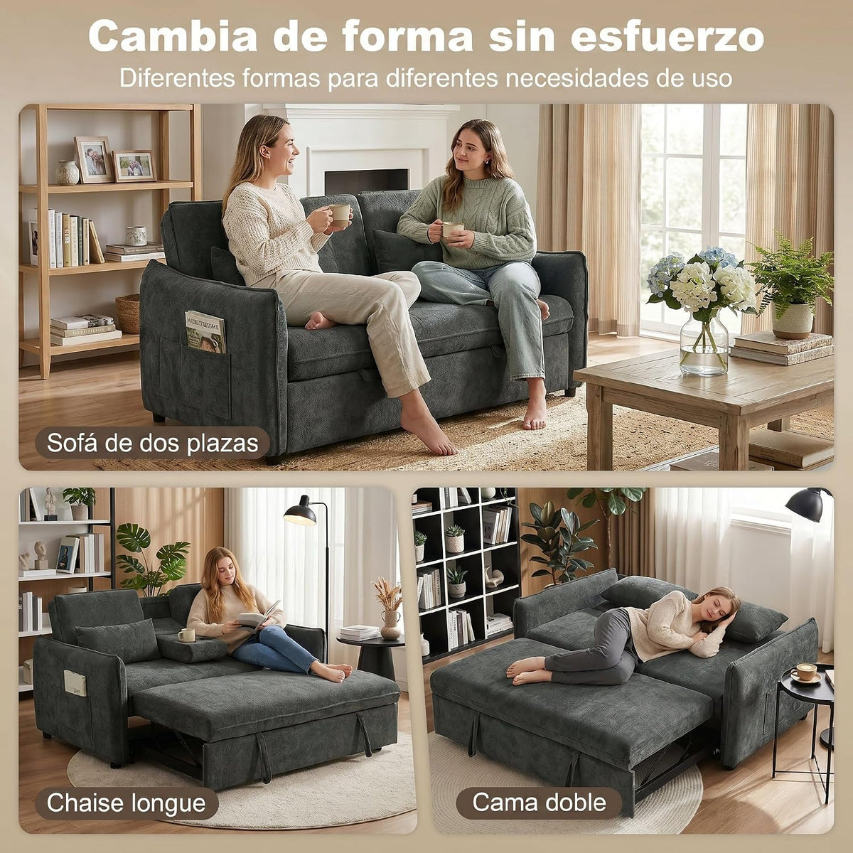 HOMCOM Sofá Cama 2 Plazas 3 en 1 Mesa Auxiliar 2 Almohadas Gris Oscuro