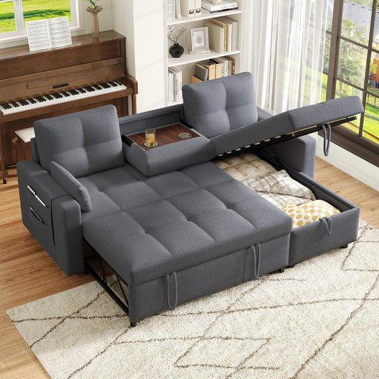 Bladez Sofá cama extensible en forma de L de lino con espacio de almacenamiento, soporte para bebidas, sofá modular de 3 plazas para salón (gris)