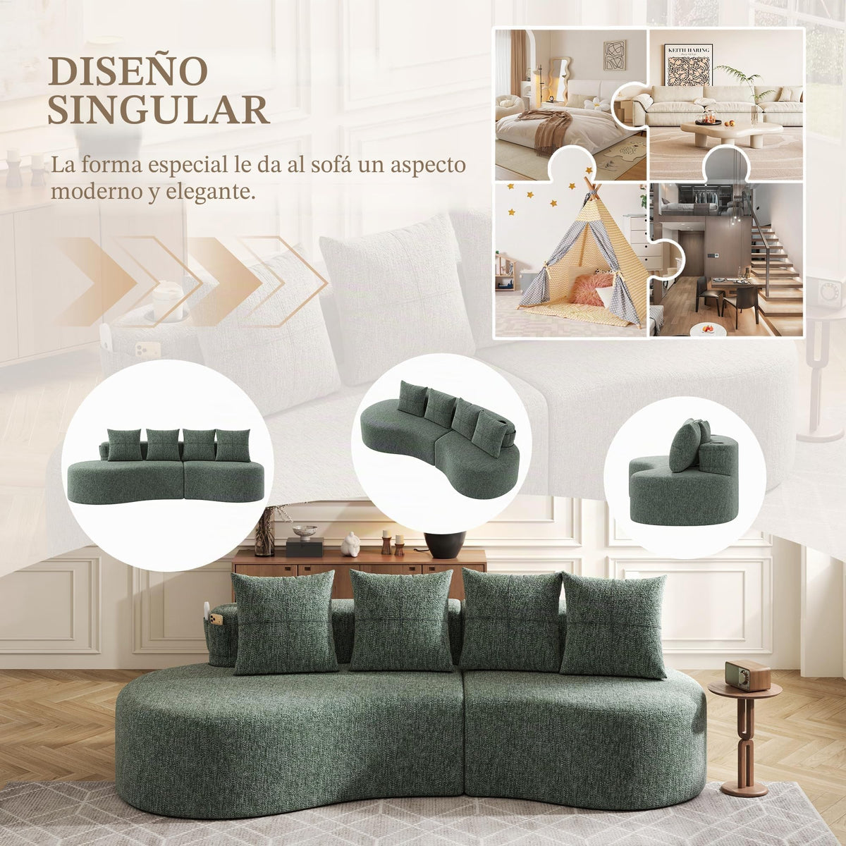Bladez Sofá esquinero moderno curvado de 5 plazas, sofá modular de terciopelo, diseño curvado, cómodo sofá tapizado, cómodo sofá tapizado con cojines, adecuado para salón y apartamento, color blanco