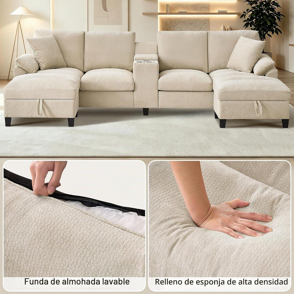 Modular Forma U Sofá de 4 Plazas, 295cm Sofá Esquinero para Sala