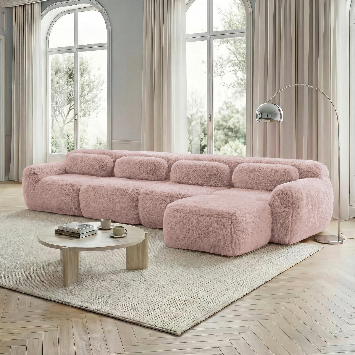Sofá modular combinable en forma de L de 4 plazas, tejido de felpa con cojines, espuma de alta elasticidad, diseño chaise longue para salón o dormitorio (negro)